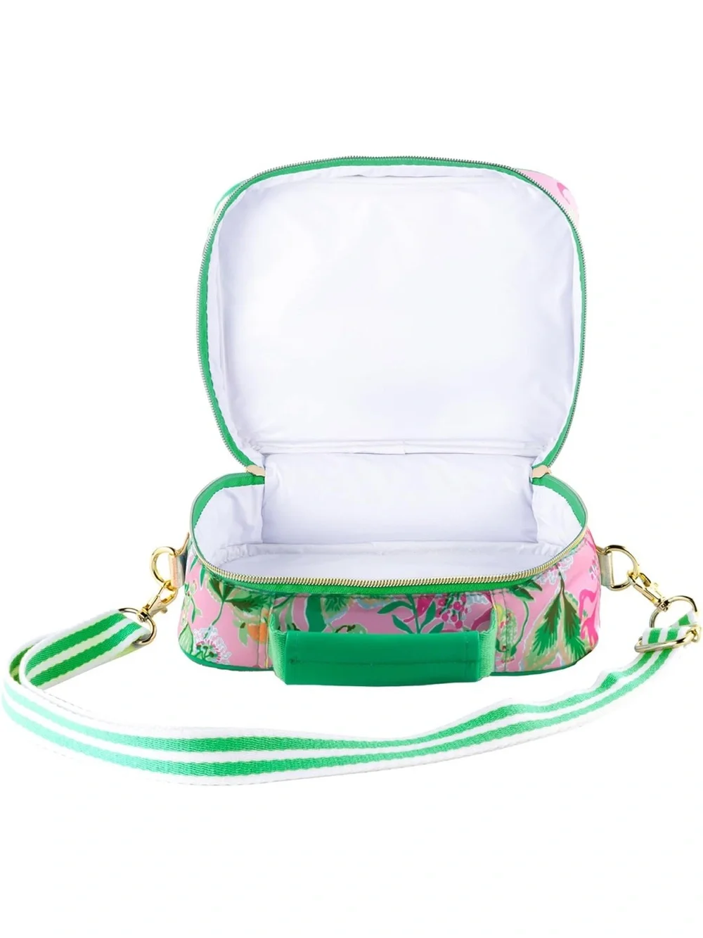 New Lilly Pulitzer Pink Floral Crossbody Bag Lunch Box with Green Striped Strap